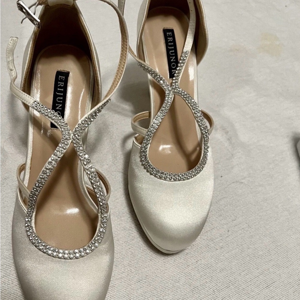 Ivory Satin Crystal T-Strap Heels